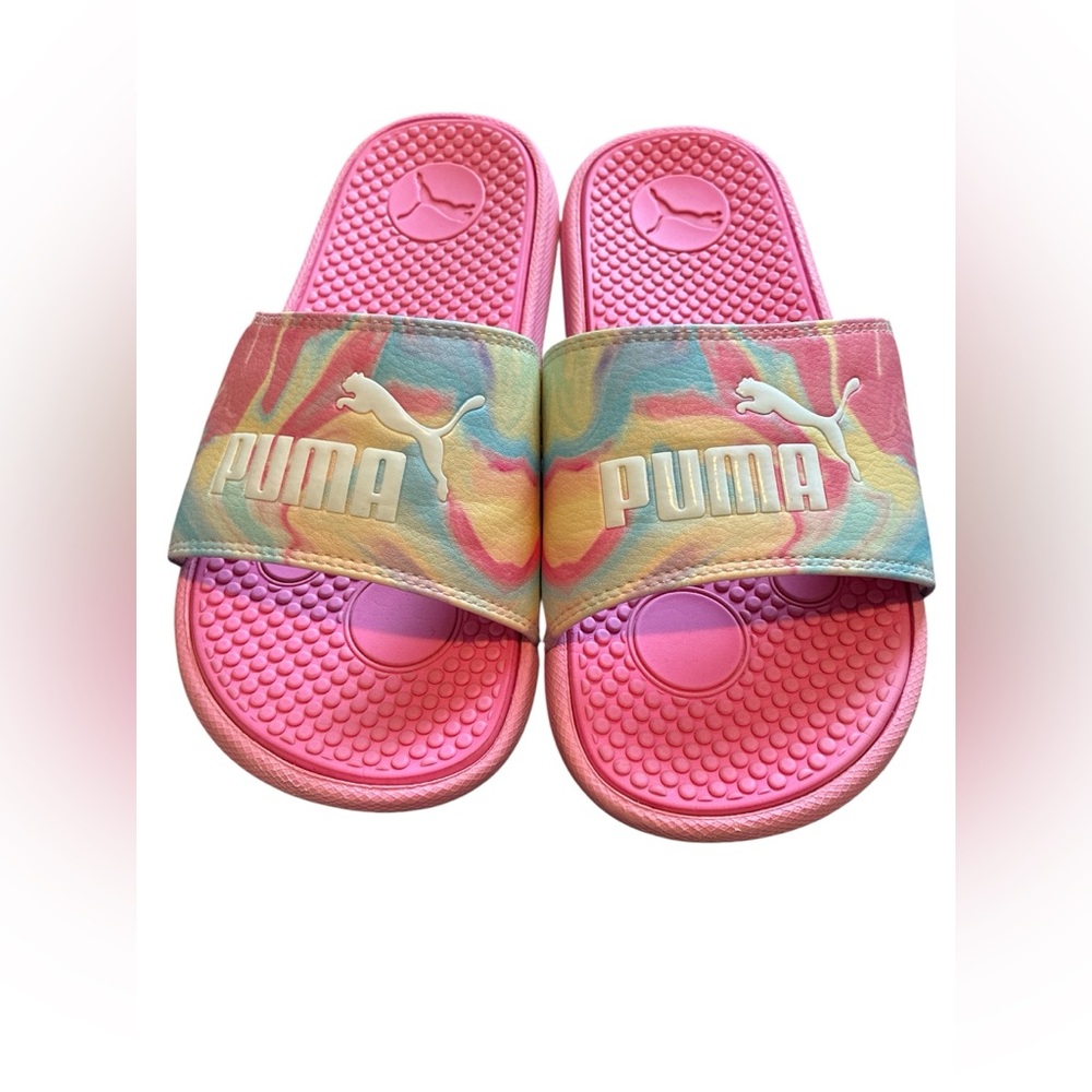 PUMA Pink glimmer-elektro Purple Cool Cat IC Swirl BX JR Slides. Size 4.